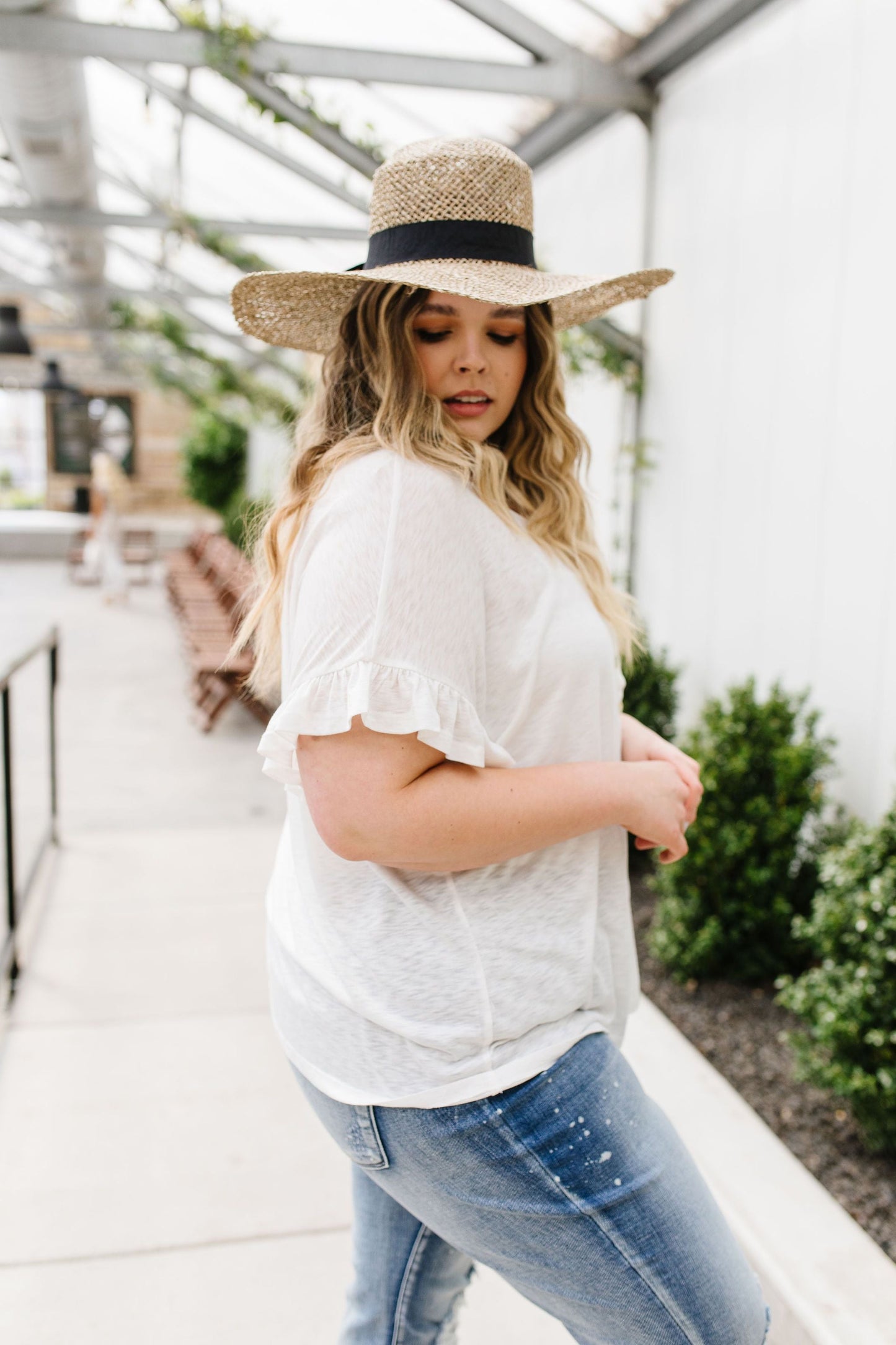 Ruffled Sleeve Button Down In White