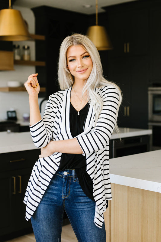 Escape To Nowhere Cardigan In White w/ Black Stripes