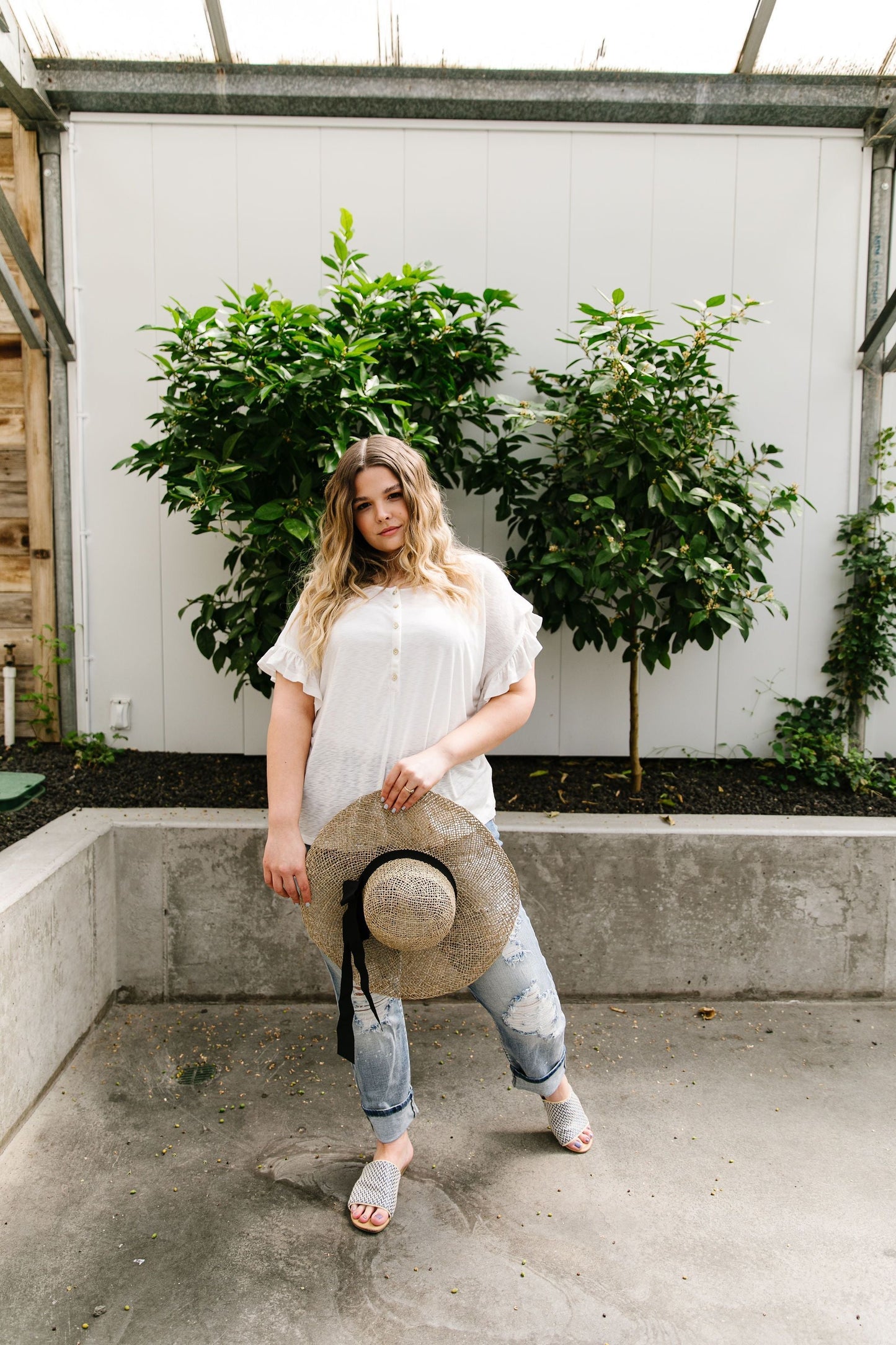 Ruffled Sleeve Button Down In White